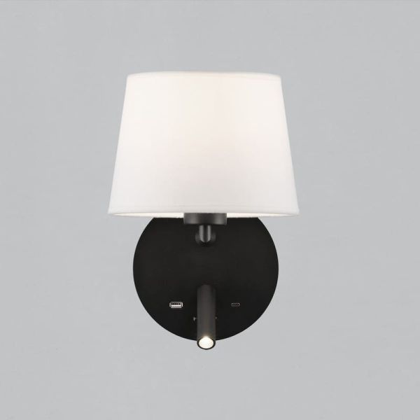 Aplique de pared con pantalla E27 15W + Lector LED 3W 3000K 285Lm, STILO, blanco/negro Texturado, Con USB y USBC