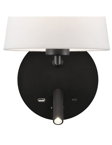 Aplique de pared con pantalla E27 15W + Lector LED 3W 3000K 285Lm, STILO, blanco/negro Texturado, Con USB y USBC