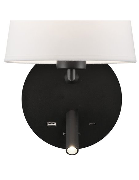 Aplique de pared con pantalla E27 15W + Lector LED 3W 3000K 285Lm, STILO, blanco/negro Texturado, Con USB y USBC