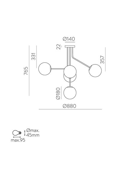 Plafonnier Suspension PARMA 5 Lumières Vieil Or ou Noir Mat/Opale, 5x15W (LED E27 max. Ø45 mm)