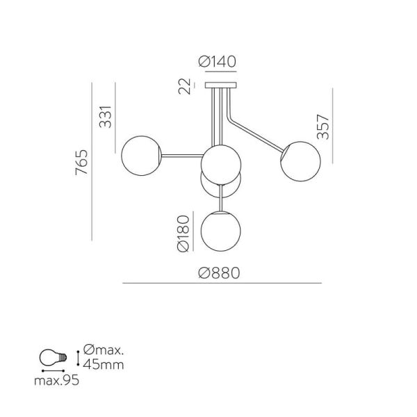 Plafonnier Suspension PARMA 5 Lumières Vieil Or ou Noir Mat/Opale, 5x15W (LED E27 max. Ø45 mm)