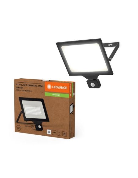 Proyector LED Con Sensor 100W 10.000lm Negro Gama ESSENTIAL 4000K IP44 para Exterior | LeonLeds