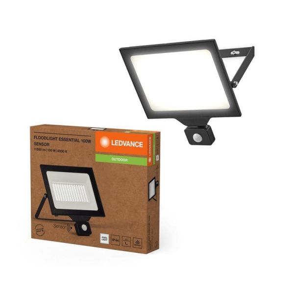 Proyector LED Con Sensor 100W 10.000lm Negro Gama ESSENTIAL 4000K IP44 para Exterior | LeonLeds
