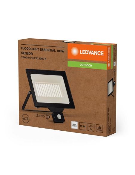 Projetor LED com Sensor 100W 10.000lm Preto Gama ESSENTIAL 4000K IP44 para Exterior | LeonLeds