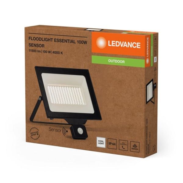 Proyector LED Con Sensor 100W 10.000lm Negro Gama ESSENTIAL 4000K IP44 para Exterior | LeonLeds