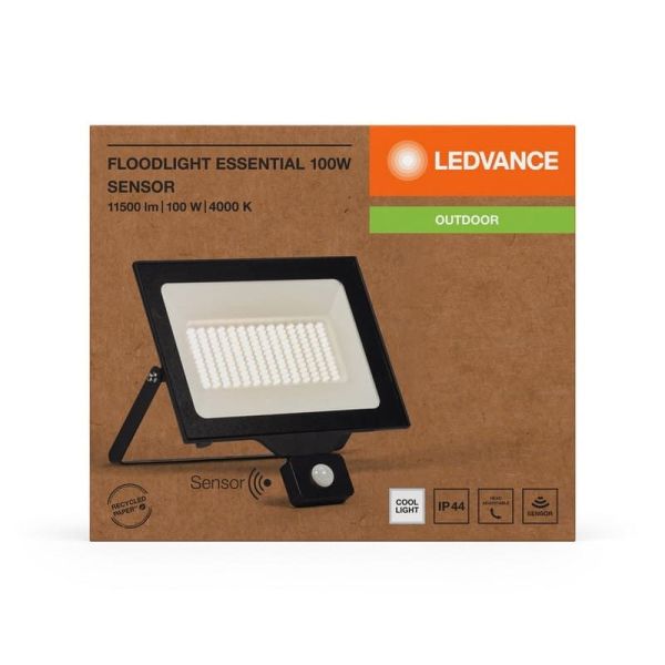 Proyector LED Con Sensor 100W 10.000lm Negro Gama ESSENTIAL 4000K IP44 para Exterior | LeonLeds