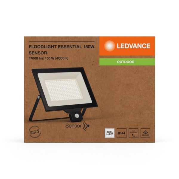 Proyector LED 150W Muy Potente 15.000lm Con Sensor Negro Gama ESSENTIAL 4000K IP44 | LeonLeds
