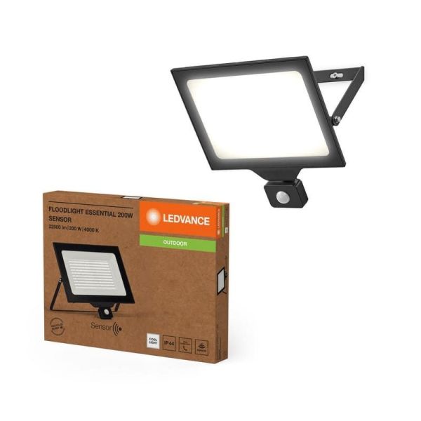 Proyector LED Con Sensor 200W Muy Potente 20.000lm Negro Gama ESSENTIAL 4000K IP44 | LeonLeds