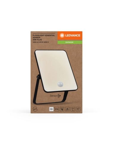 Proyector LED 20W Con Sensor 1800lm Negro Gama ESSENTIAL 4000K Con Enchufe IP65 | LeonLeds