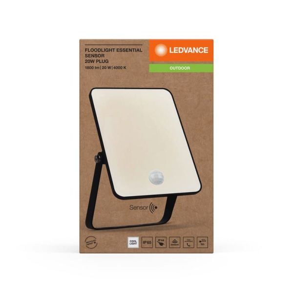 Projetor LED 20W Com Sensor 1800lm Preto Gama ESSENCIAL 4000K Com Plug IP65 | LeonLeds