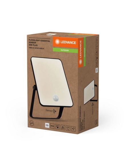 Projetor LED 20W Com Sensor 1800lm Preto Gama ESSENCIAL 4000K Com Plug IP65 | LeonLeds