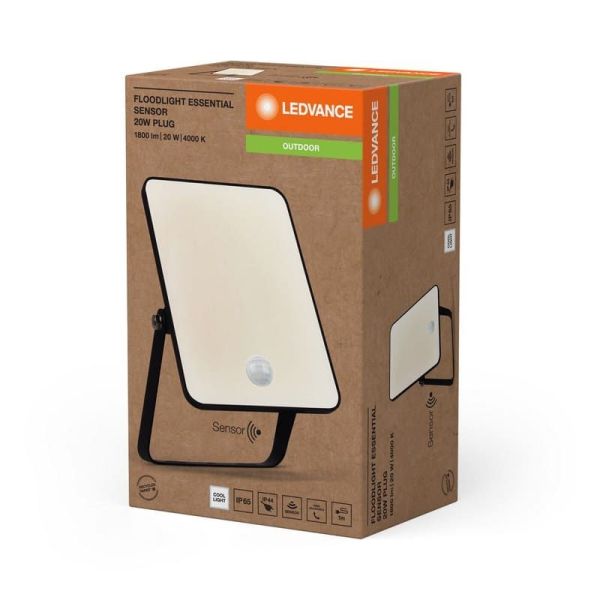 Projetor LED 20W Com Sensor 1800lm Preto Gama ESSENCIAL 4000K Com Plug IP65 | LeonLeds