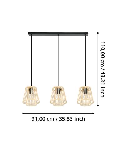 Lámpara de techo colgante de madera HYKEHAM 3xE27 Ø 38cm medidas