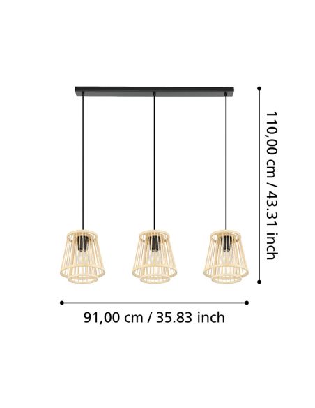 Candeeiro de teto suspenso de madeira HYKEHAM 3xE27 medidas Ø 38cm