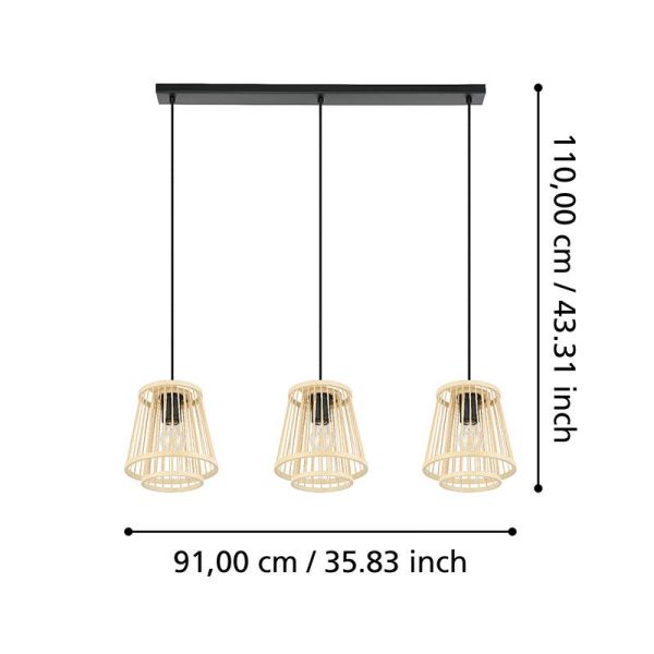 Plafonnier suspension en bois HYKEHAM 3xE27 Ø 38cm mesures