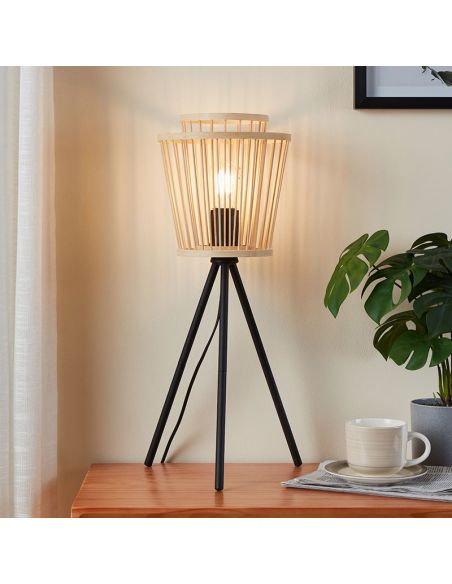 Lámpara de mesa de madera HYKEHAM  con patas de acero negro E27 Ø 38cm ambiente