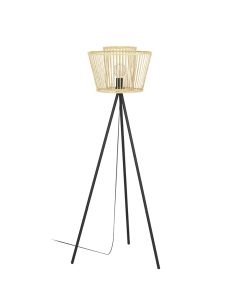 Lámpara de pie de madera HYKEHAM con patas de acero negro E27 Ø 38cm