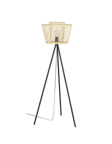 Lámpara de pie de madera HYKEHAM con patas de acero negro E27 Ø 38cm