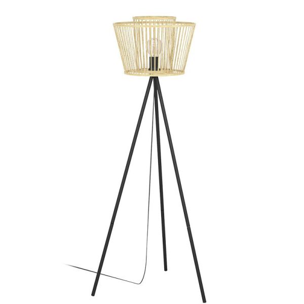 Lámpara de pie de madera HYKEHAM con patas de acero negro E27 Ø 38cm