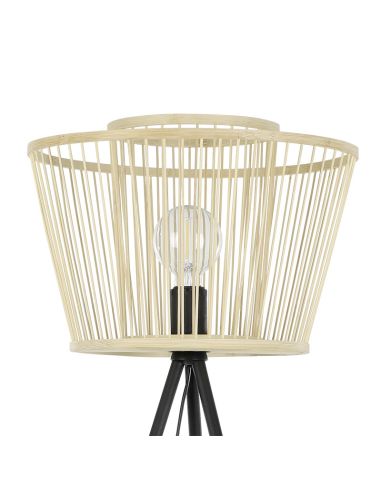 Lámpara de pie de madera HYKEHAM con patas de acero negro E27 Ø 38cm ambiente