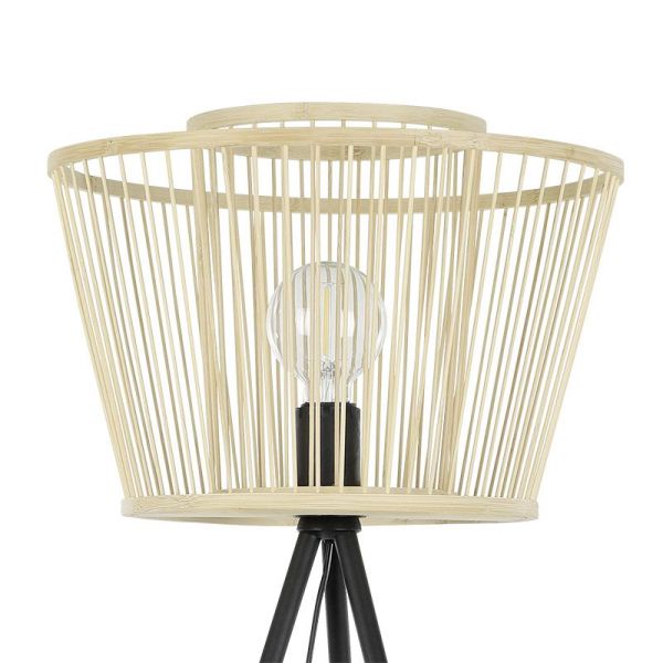 Lámpara de pie de madera HYKEHAM con patas de acero negro E27 Ø 38cm ambiente
