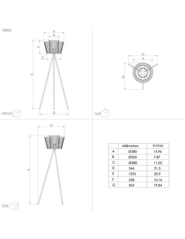 Lampadaire en bois HYKEHAM pieds en acier noir mesures E27 Ø 38cm