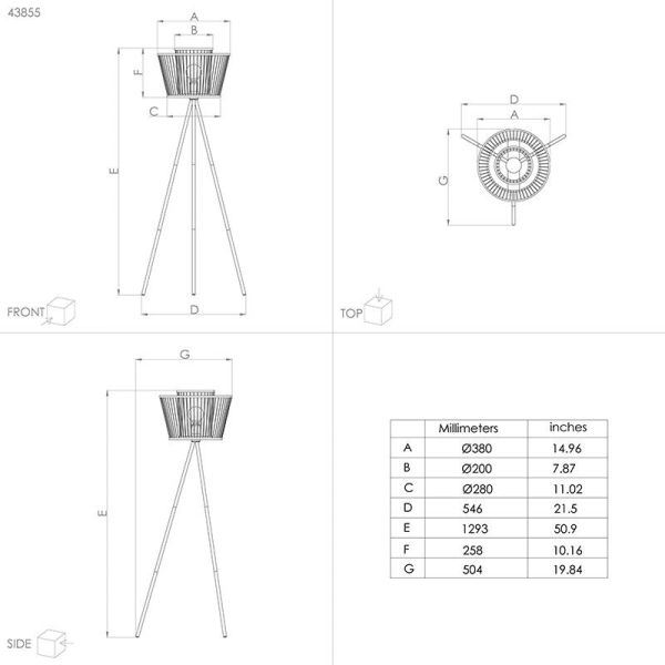 Lámpara de pie de madera HYKEHAM con patas de acero negro E27 Ø 38cm medidas