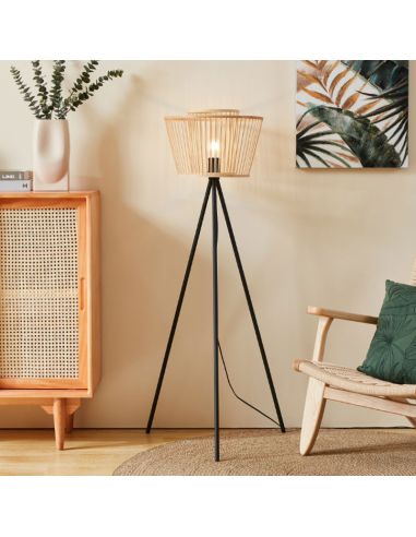 Lámpara de pie de madera HYKEHAM con patas de acero negro E27 Ø 38cm ambiente