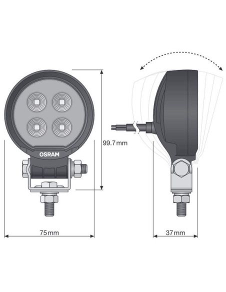 Medidas Potente Faro de trabajo redondo LED mini 12V 24V 1.450Lm y 12W ECE R10 y ECE R148 VX80-WD Osram | LeonLeds