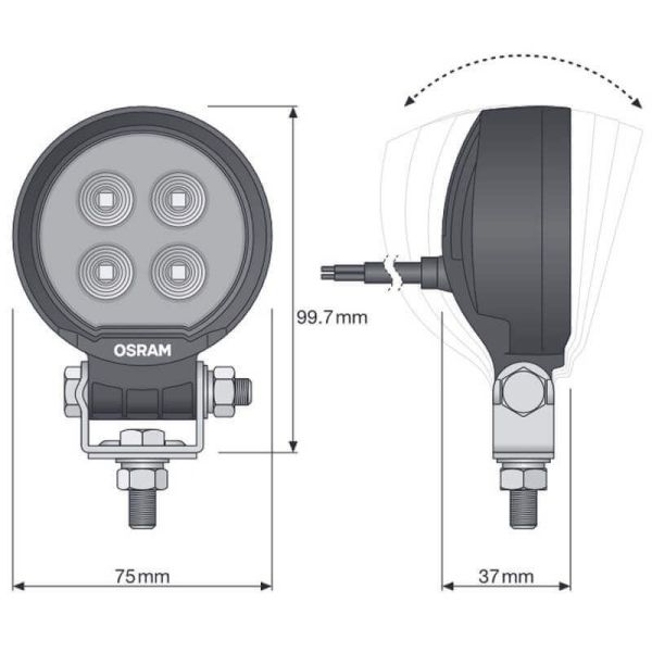 Mesures Puissante mini lampe de travail ronde à LED 12V 24V 1 450Lm et 12W ECE R10 et ECE R148 VX80-WD Osram | LéonLeds