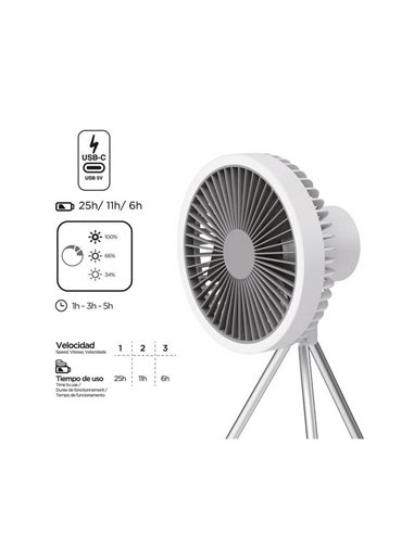 Ventilador portátil recargable LED BRISE sin cables 5.5W para mesa o para techo con gancho