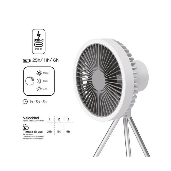 Ventilador portátil recargable LED BRISE sin cables 5.5W para mesa o para techo con gancho