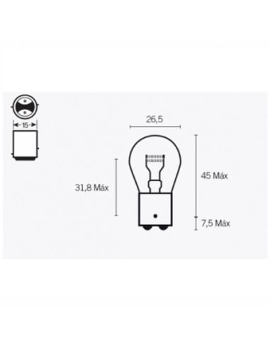 Medidas de Lâmpada P21/4W 12V Original 2 Polos Tampa BAZ15d 7225 Osram
