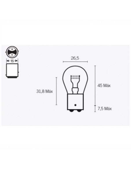 Medidas Bombilla P21/4W 12V Original 2 Polos Casquillo BAZ15d 7225 Osram