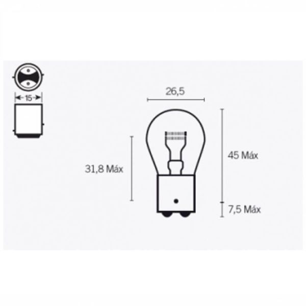 Medidas Bombilla P21/4W 12V Original 2 Polos Casquillo BAZ15d 7225 Osram
