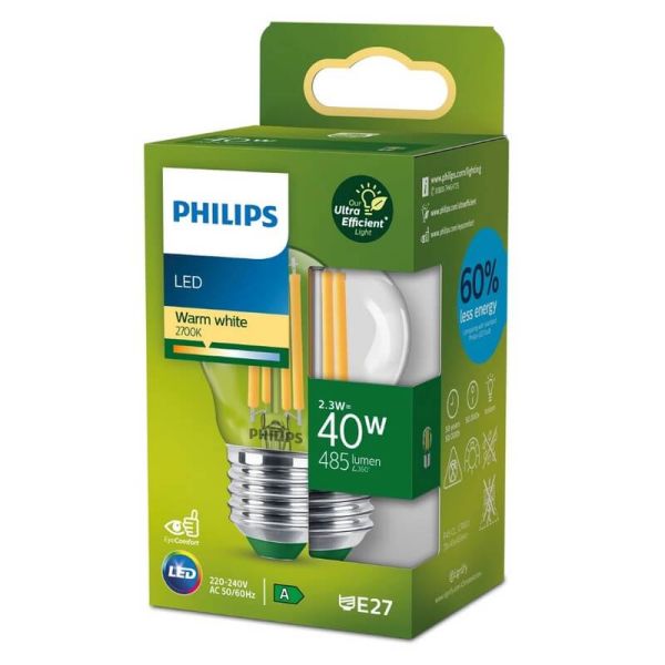 Bombilla LED E27 Clásica Vela de Filamento 2,3W equivalente a 40W transparente, Ultra Efficient P45