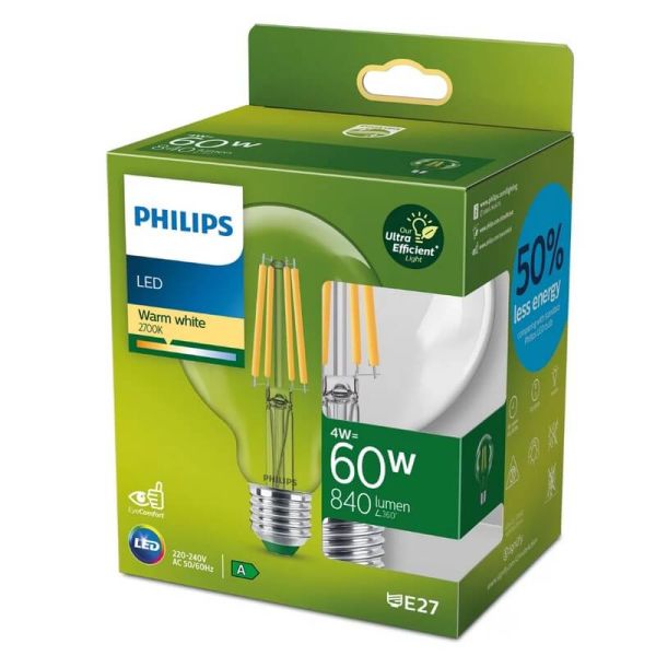 Bombilla Globo de Filamento LED transparente E27 4W equivalente a 60W, Ultra Efficient G93
