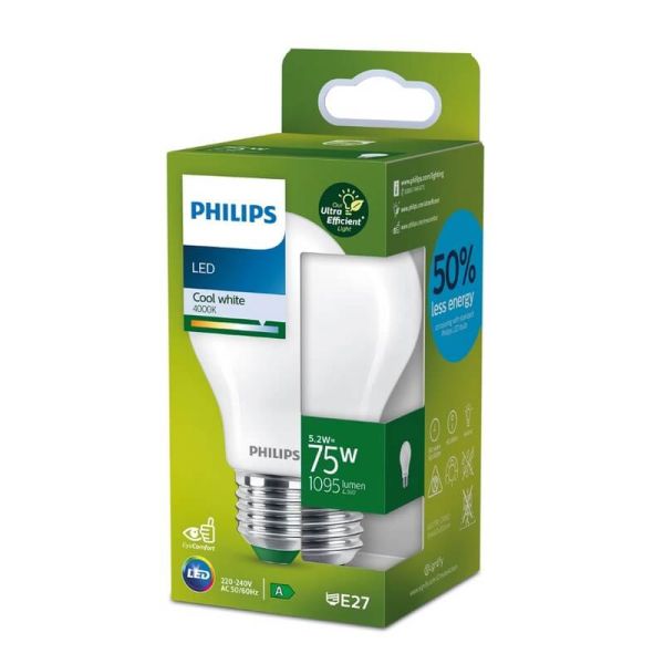 Bombilla LED E27 Clásica 5,2W equivalente a 75W Opaca, Ultra Efficient A60