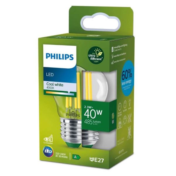 Bombilla LED E27 Clásica Vela de Filamento 2,3W equivalente a 40W transparente, Ultra Efficient P45