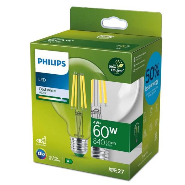 Bombilla Globo de Filamento LED transparente E27 4W equivalente a 60W, Ultra Efficient G93