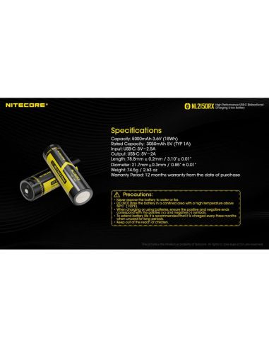 Bateria recarregável NL2150RX 21700 5000mAh 3,6 V 21700 USB-C | LeonLeds