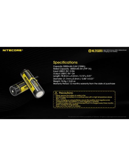 Batería Recargable NL2150RX 21700 5000mAh 3,6 V 21700 USB-C | LeonLeds
