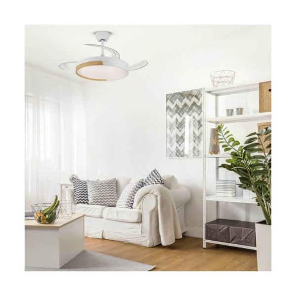 Ventilador LED de Techo aspas retráctiles ECORO Blanco/Madera 45W 4400Lm CCT