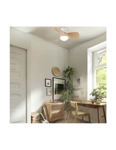 Ventilador LED pequeño EPONA Blanco mas aspas Madera 20W 2000Lm CCT Dim con mando a distancia