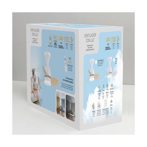 Ventilador de Techo LED pequeño JULIE Blanco+Madera 20W 2000Lm 3CTT Dimmable