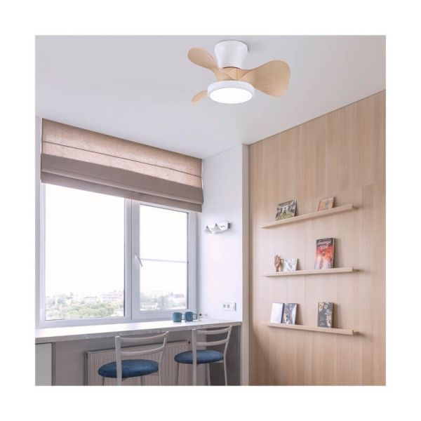 Ventilador LED de Techo pequeño MOLL Blanco+Madera 20W 1900Lm 3 CTT Dim