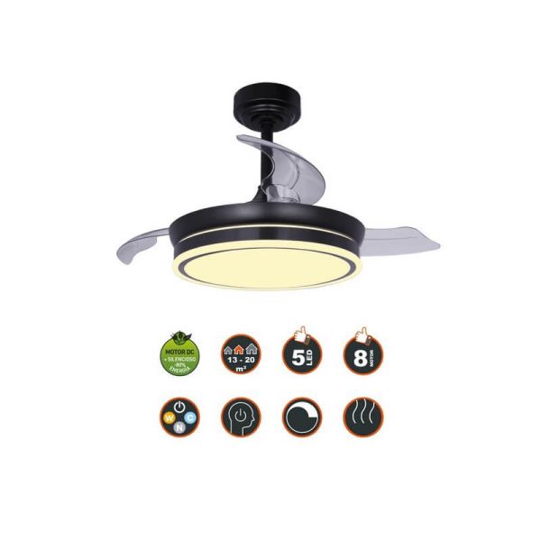 Ventilateur de Plafond LED à pales repliables MOSS Mini Noir 46W 5520Lm CCT Dim