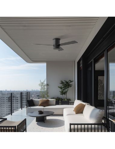 Ventilateur de plafond avec brumisateur noir MIST 23W pour extérieur IP44 adapté aux plafonds bas