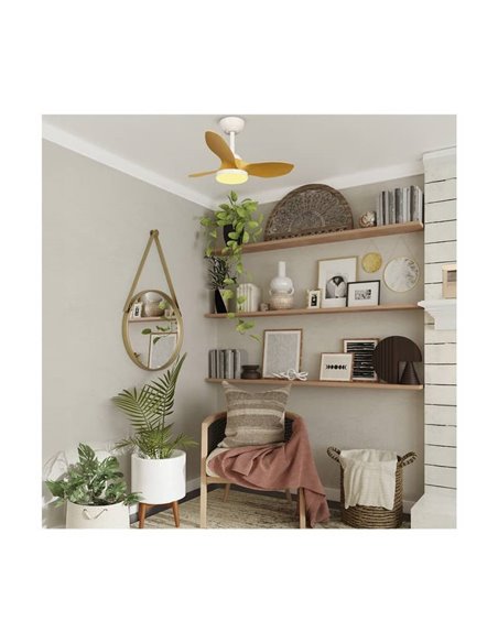 Ventilateur de Plafond LED STEL Mini S Blanc+Bois pour petites pièces 20W 1900Lm CCT Dim