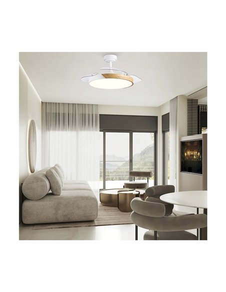 Ventilador de Techo LED aspas retráctiles TAORO Blanco y madera 72W 7920Lm CCT